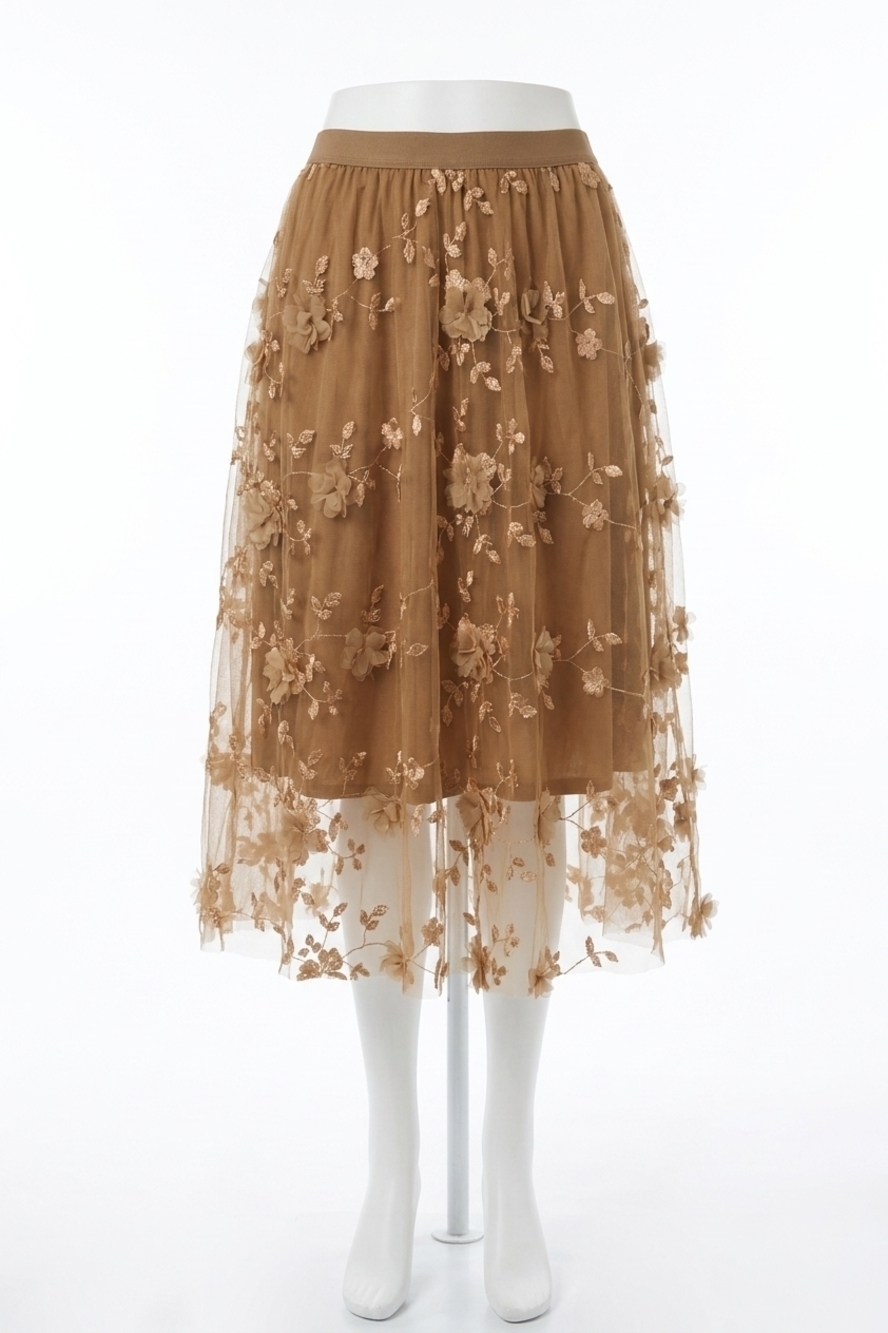 NEW PINCH whimsical floral mesh midi skirt in brown